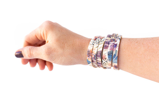 Leather Bracelet / Skinny Sliced Wrap Cuff / Pressed Flowers Cork