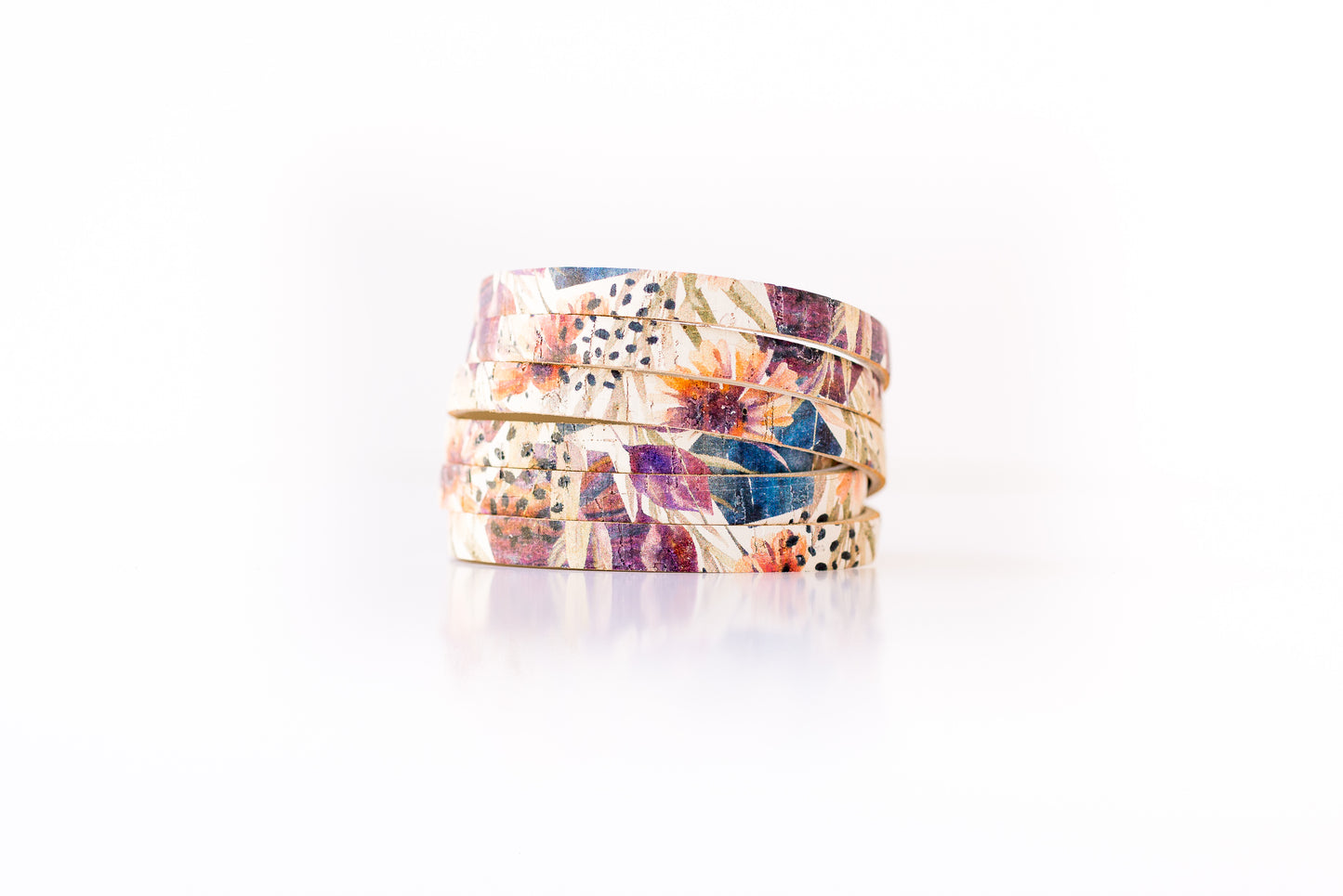 Leather Bracelet / Skinny Sliced Wrap Cuff / Pressed Flowers Cork