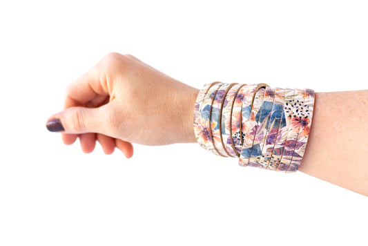 Leather Bracelet / Original Sliced Wrap Cuff / Pressed Flowers Cork