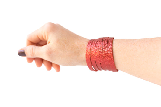 Leather Bracelet / Skinny Sliced Wrap Cuff / Fire Opal Shimmer