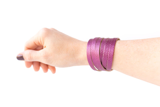 Leather Bracelet / Skinny Sliced Wrap Cuff / Pink Sapphire Shimmer
