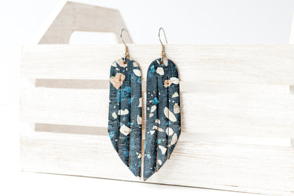 Leather Earrings / Fringe / Dark Terrazzo Cork