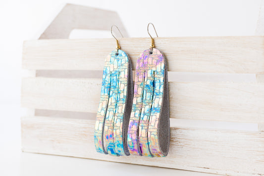 Leather Earrings / Sliced Leather / Woven Oil Spill