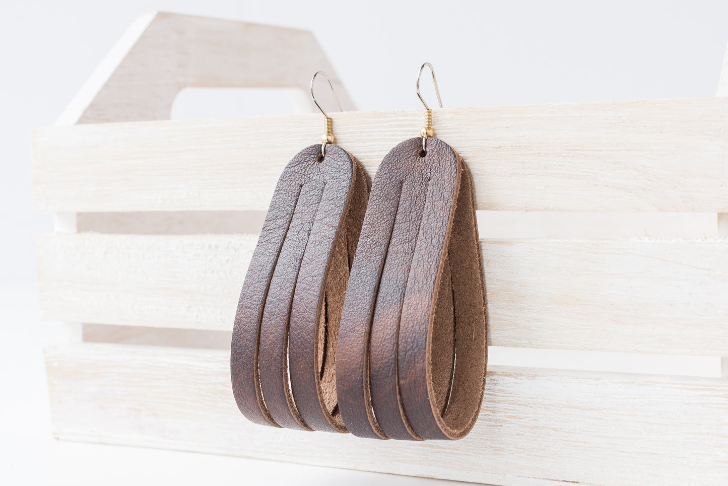 Leather Earrings / Sliced Leather / Washed Dark Brown