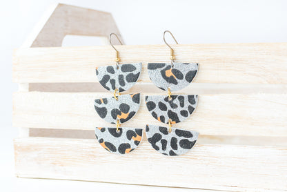 Leather Earrings / Tri Luna / Sparkle Leopard Silver