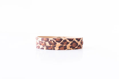 Leather Bracelet / Ultra Skinny Sliced Cuff / Leopard Cork