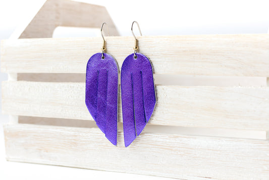 Leather Earrings / Mini Fringe / Metallic Purple