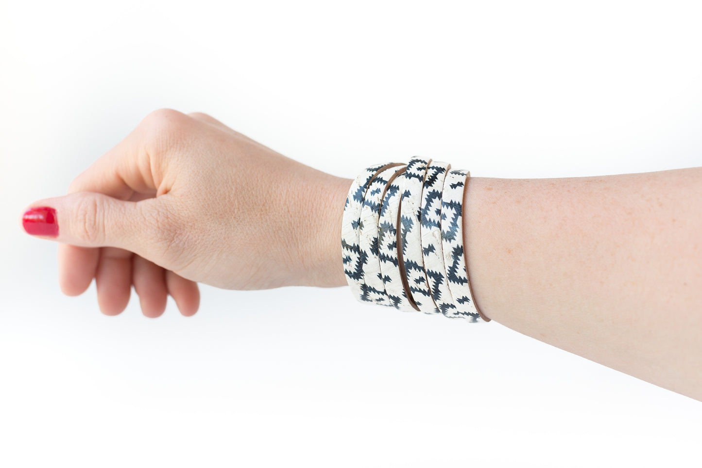 Leather Bracelet / Skinny Sliced Wrap Cuff / Aztec Geo Cork