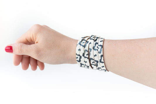 Leather Bracelet / Skinny Sliced Wrap Cuff / Aztec Geo Cork