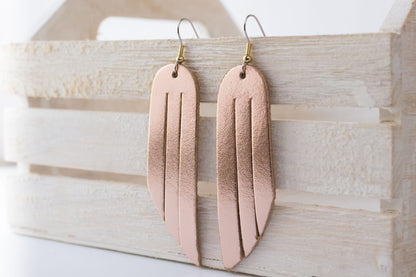 Leather Earrings / Fringe / Metallic Rosegold
