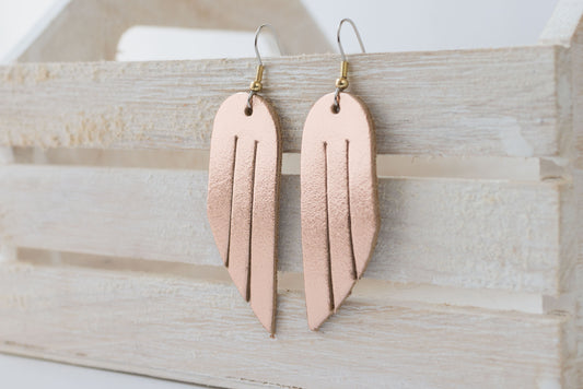 Leather Earrings / Mini Fringe / Metallic Rosegold