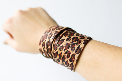 Leather Bracelet / Original Sliced Wrap Cuff / Leopard Cork