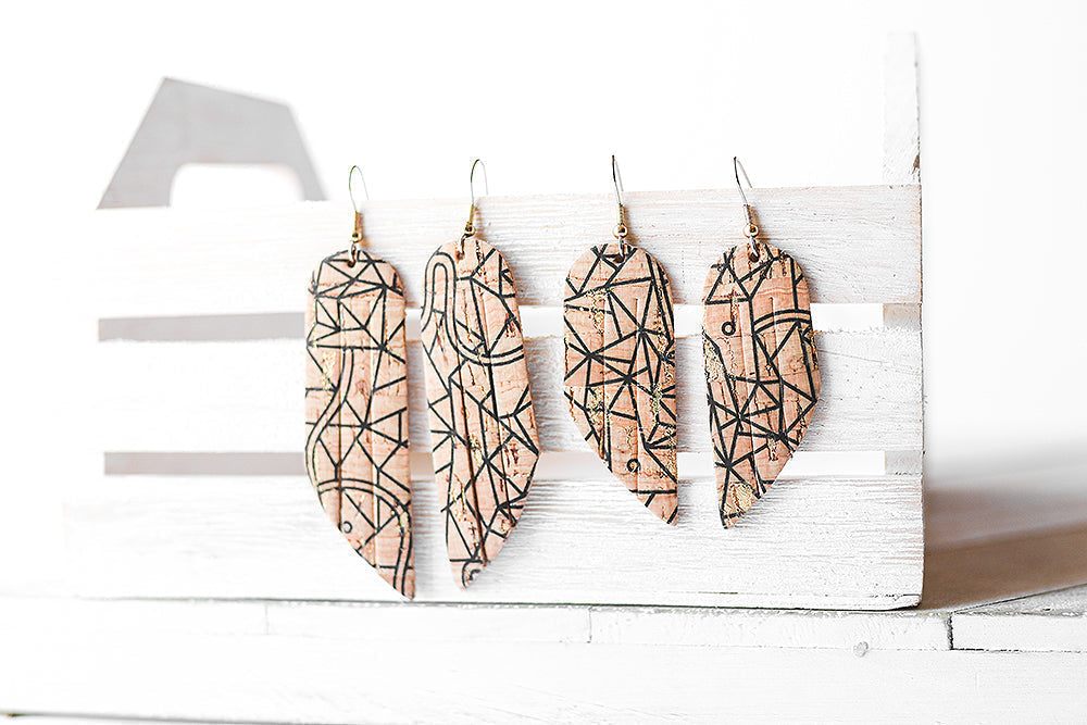 Leather Earrings / Mini Fringe / Painted Waters Cork