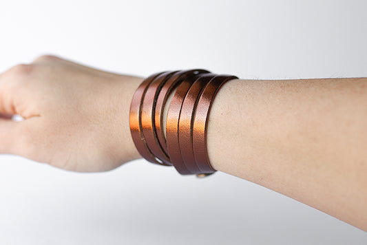 Leather Bracelet / Skinny Sliced Wrap Cuff / Metallic Bronze