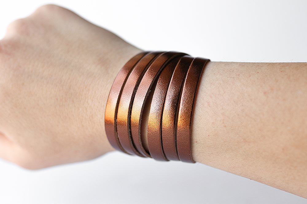 Leather Bracelet / Skinny Sliced Wrap Cuff / Metallic Bronze