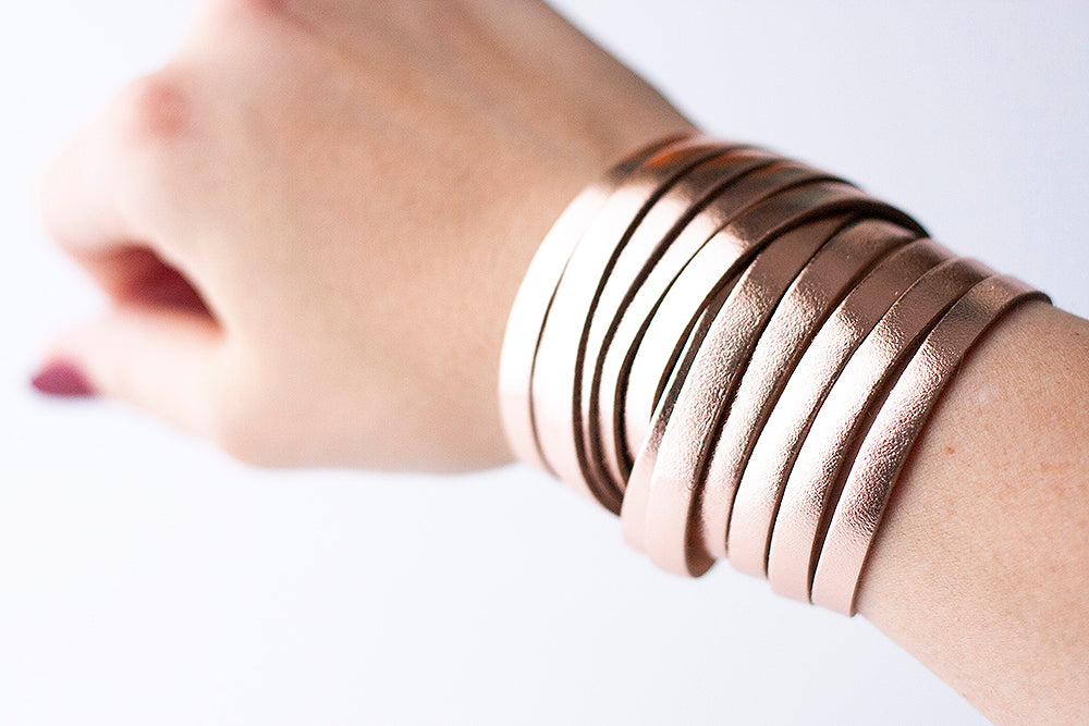 Leather Bracelet / Original Sliced Wrap Cuff / Metallic Rosegold