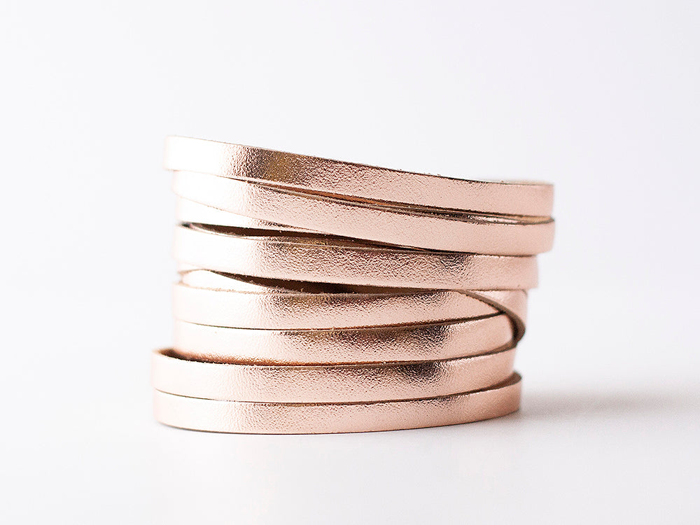 Leather Bracelet / Original Sliced Wrap Cuff / Metallic Rosegold