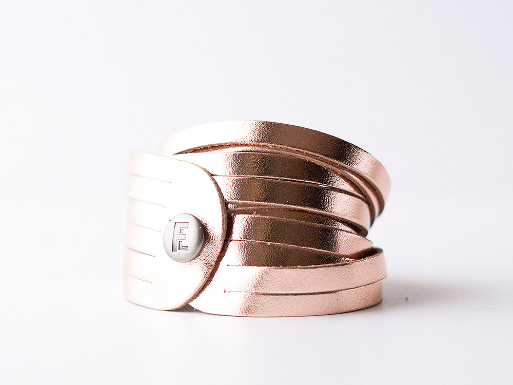 Leather Bracelet / Original Sliced Wrap Cuff / Metallic Rosegold