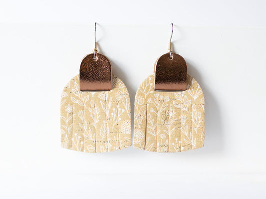 Leather Earrings / Fringies / Straw Flowers Cork & Metallic Bronze