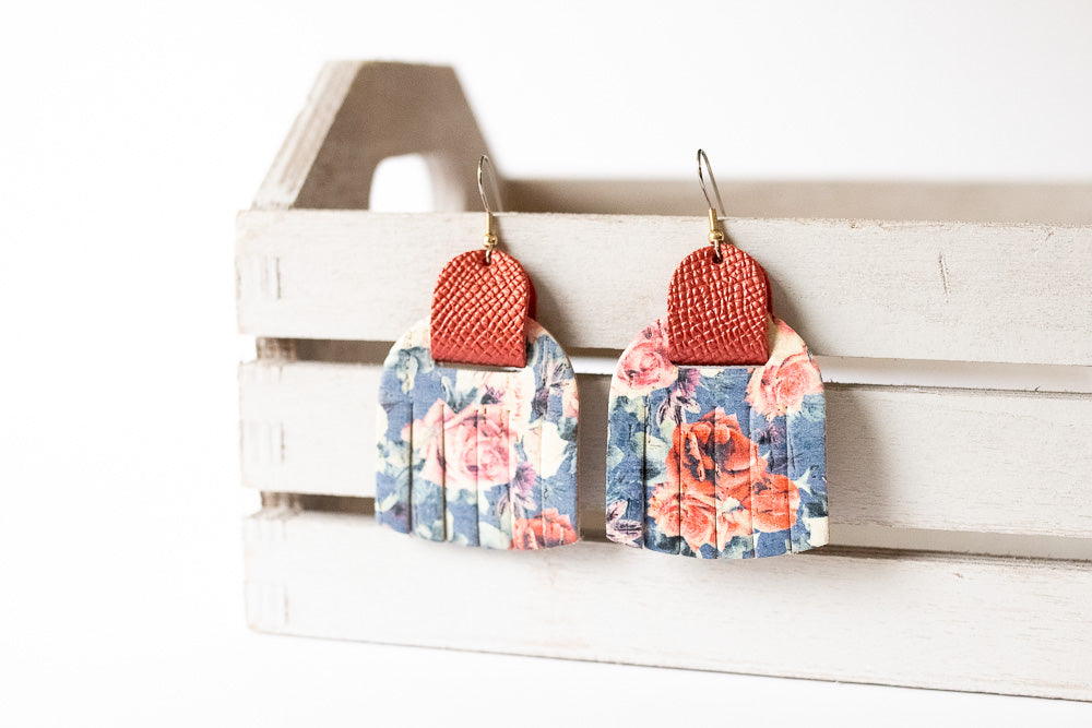 Leather Earrings / Fringies / Pink Roses Cork & Fire Opal Shimmer