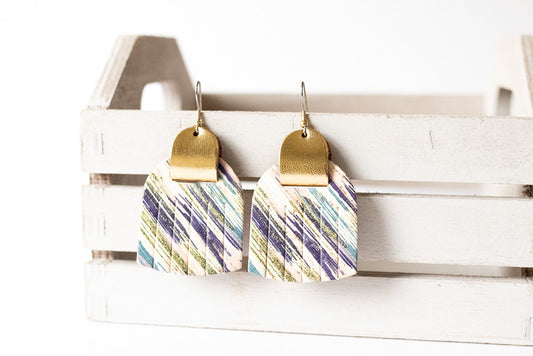 Leather Earrings / Fringies / Retro Stripes Cork & Metallic Gold