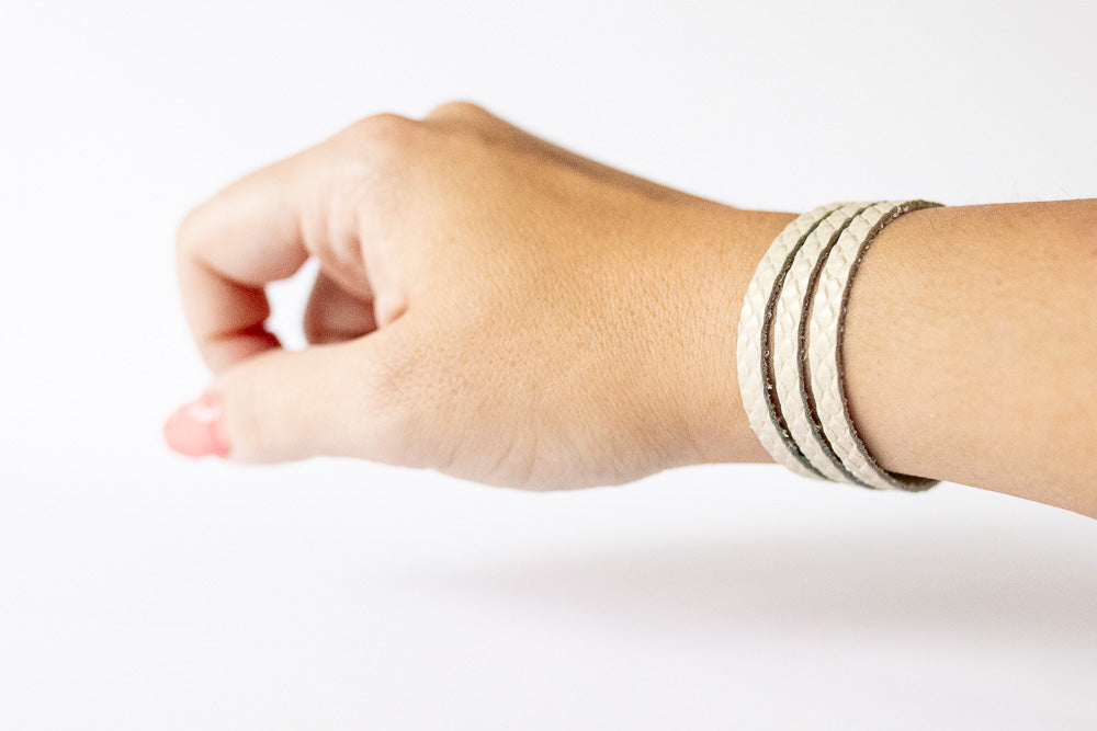 Leather Bracelet / Ultra Skinny Sliced Cuff / Ivory Snake