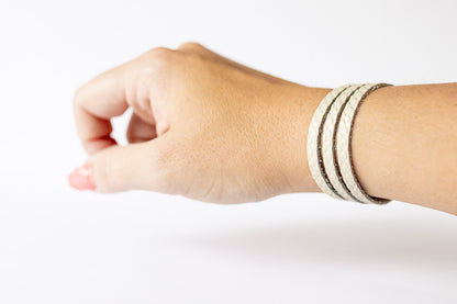 Leather Bracelet / Ultra Skinny Sliced Cuff / Ivory Snake