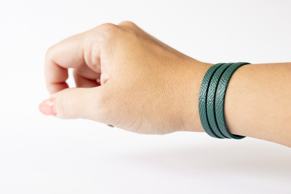 Leather Bracelet / Ultra Skinny Sliced Cuff / Evergreen