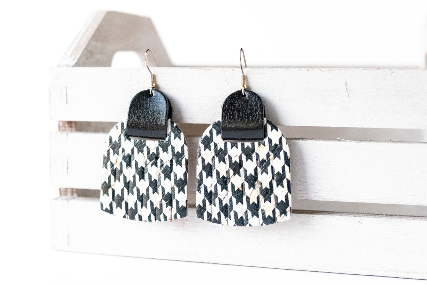 Leather Earrings / Fringies / Houndstooth Cork & Metallic Black