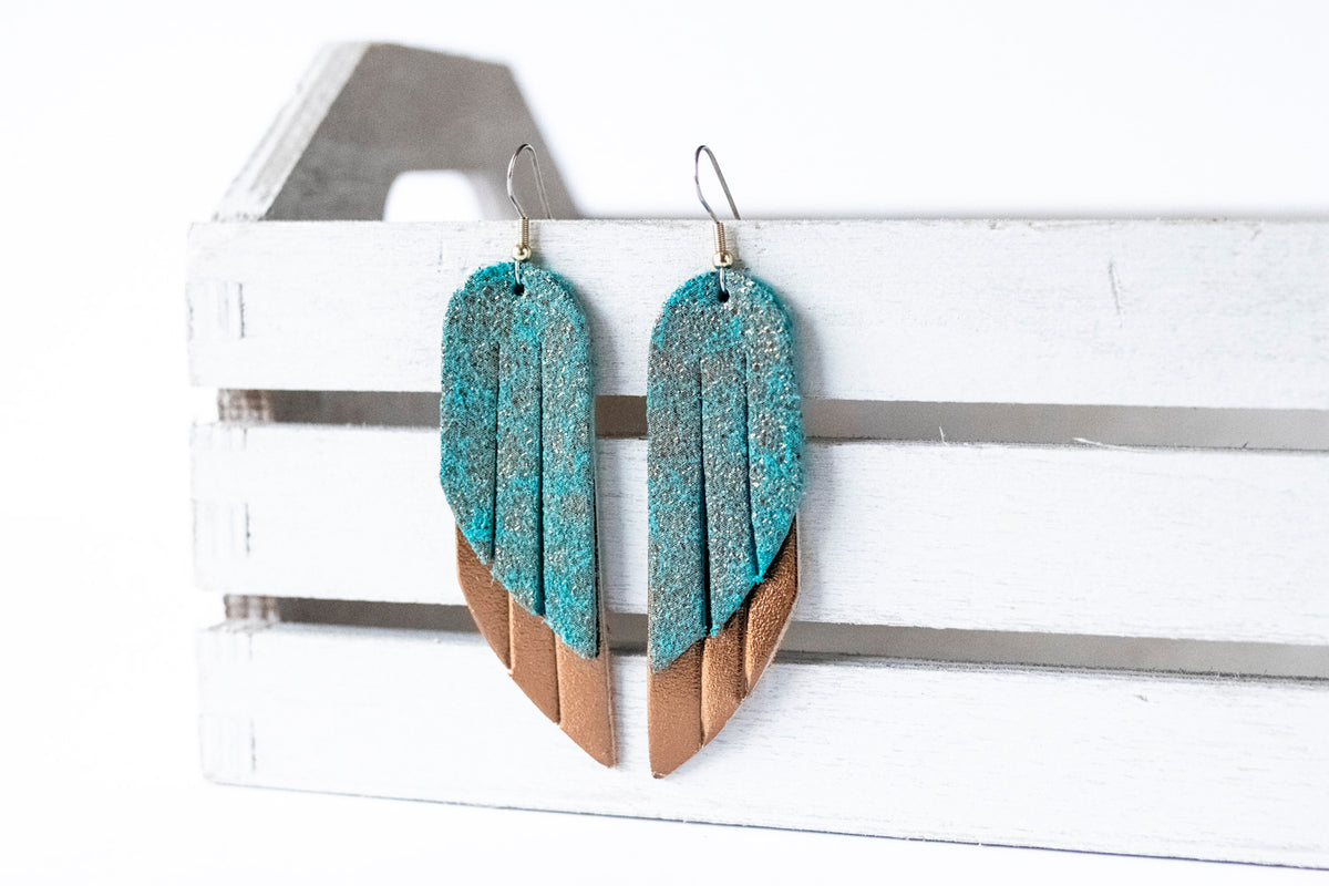 Leather Earrings / Double Fringe / Caribbean Sparkle & Metallic Bronze