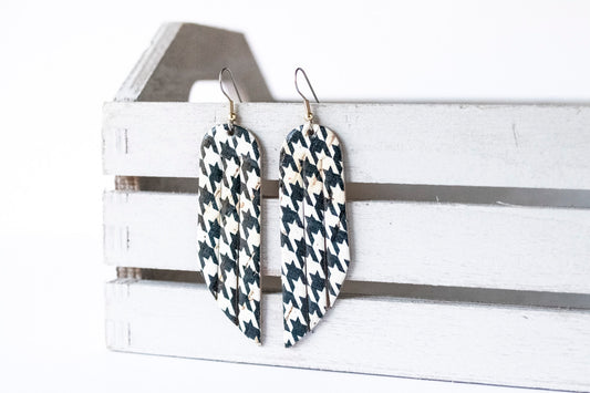 Leather Earrings / Fringe / Houndstooth Cork