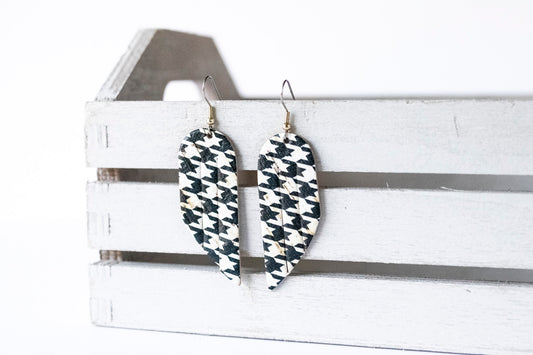 Leather Earrings / Mini Fringe / Houndstooth Cork