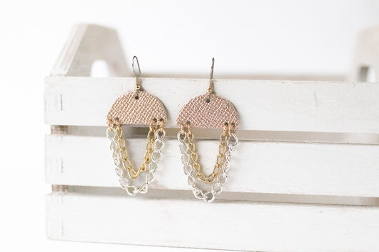 Leather Earrings / Chain Drop / White Gold