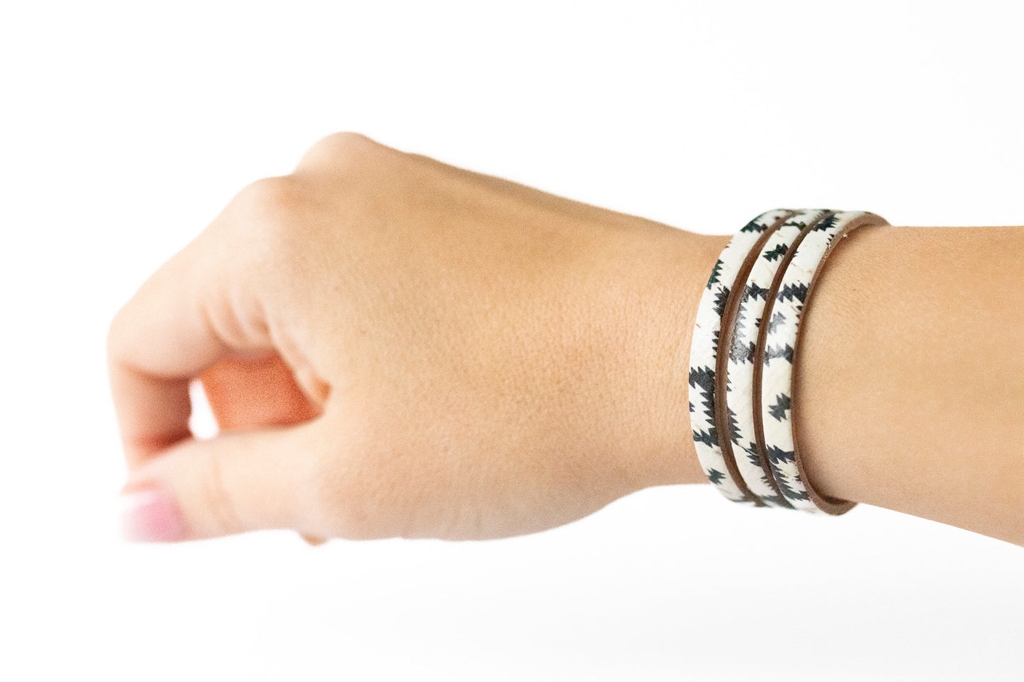 Leather Bracelet / Ultra Skinny Sliced Cuff / Aztec Geo Cork