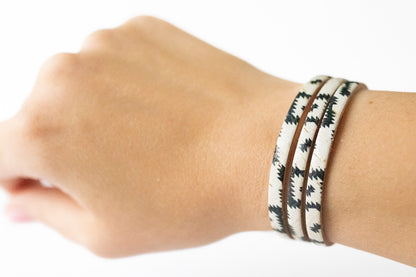 Leather Bracelet / Ultra Skinny Sliced Cuff / Aztec Geo Cork