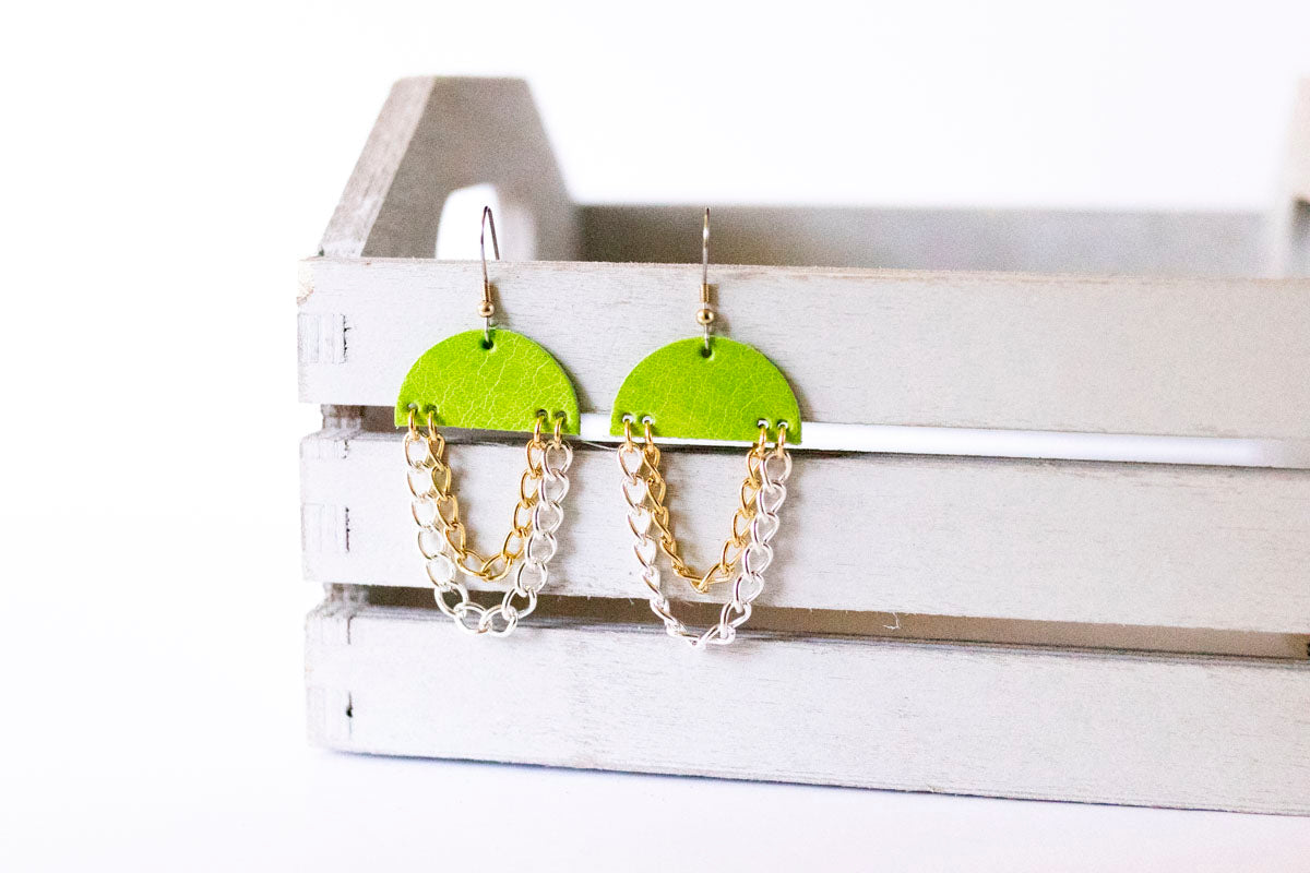 Leather Earrings / Chain Drop / Chartreuse