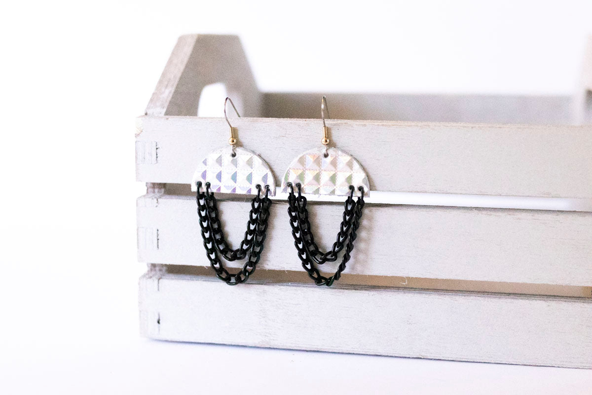 Leather Earrings / Black Chain Drop / Prism