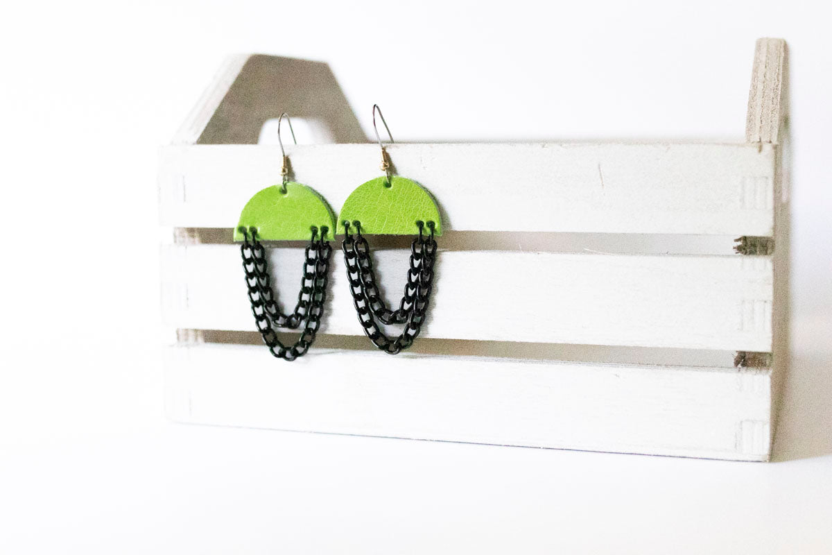 Leather Earrings / Black Chain Drop / Chartreuse