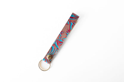 Leather Wristlet Keychain / Snap Loop / Tropical Hibiscus