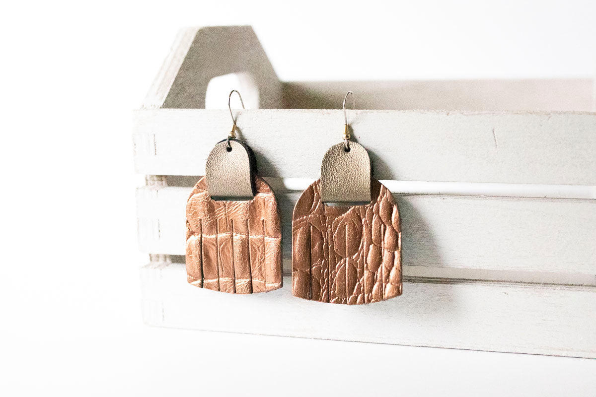 Leather Earrings / Fringies / Cinnamon Copper Croc & Aged Bronze