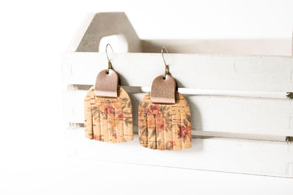 Leather Earrings / Fringies / Vintage Roses Cork & Metallic Rosegold