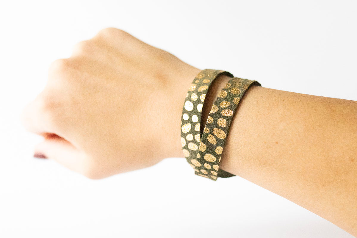 Leather Bracelet / Slim Wrap Cuff / Golden Fern