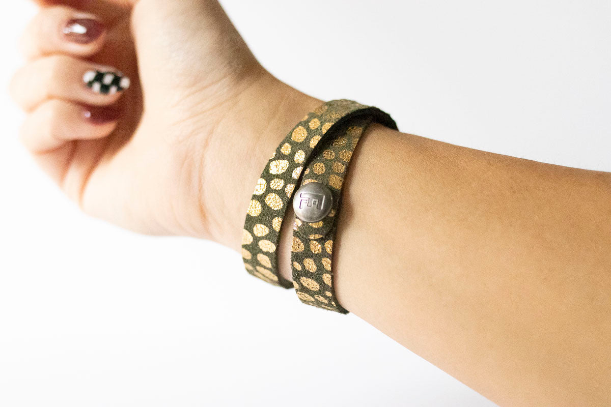 Leather Bracelet / Slim Wrap Cuff / Golden Fern