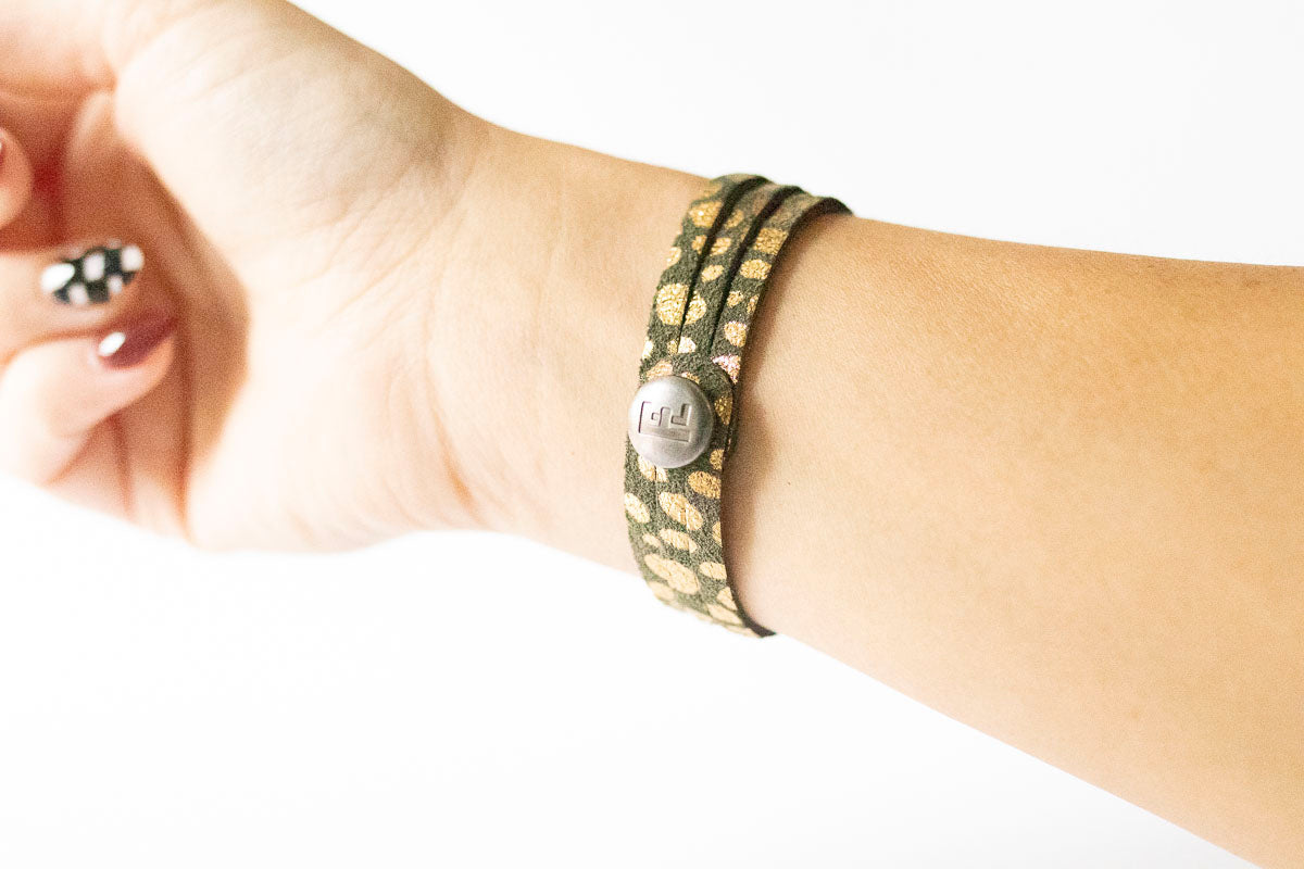 Leather Bracelet / Ultra Skinny Sliced Cuff / Golden Fern