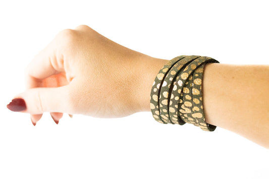 Leather Bracelet / Skinny Sliced Wrap Cuff / Golden Fern