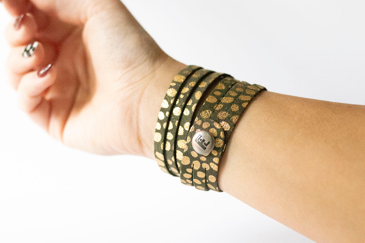 Leather Bracelet / Skinny Sliced Wrap Cuff / Golden Fern