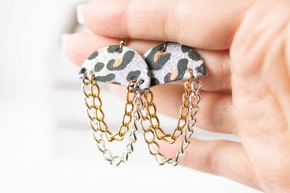 Leather Earrings / Chain Drop / Sparkle Leopard Silver
