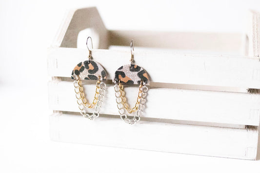 Leather Earrings / Chain Drop / Sparkle Leopard Gold