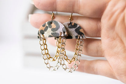 Leather Earrings / Chain Drop / Sparkle Leopard Gold