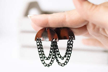 Leather Earrings / Black Chain Drop / Tortoise Shell